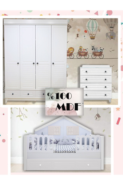 Koza %100 MDF Stella Beyaz Mega Duvar Çatılı Bebek&çocuk Odası Takımı