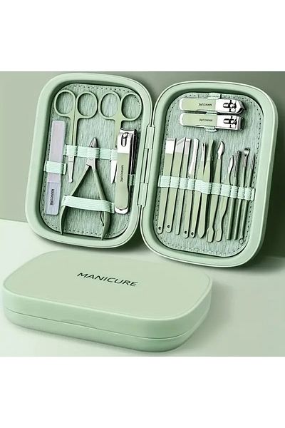 gaman 18 Piece Water Green Stainless Steel Manicure & Pedicure Grooming Kit - with Magnet, Glass Rasp