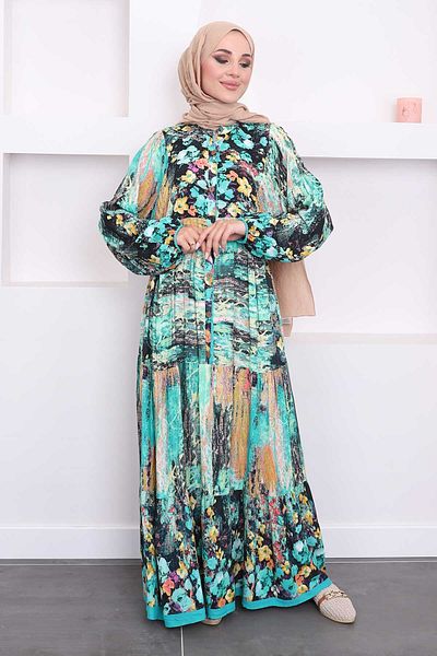 İmajButik Richter Collar Green Viscose Dress - Patterned and Buttoned