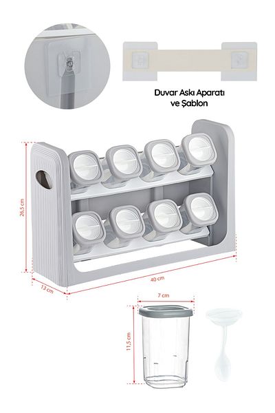 Anadolu Saray 8-Piece Gray Hangable - Adhesive Countertop Spice Rack with Label Se