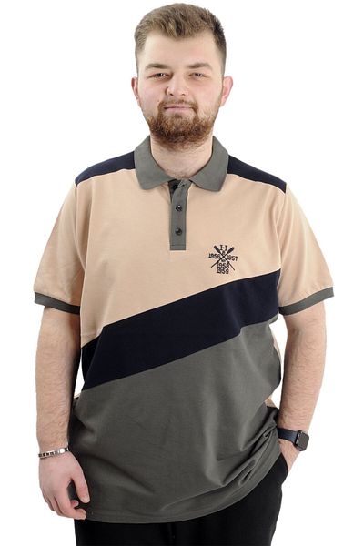 ModeXL Ανδρικό μπλουζάκι με λαιμόκοψη Polo μεγάλου μεγέθους - Color Block, U24322 Beige