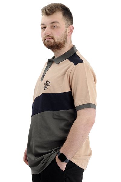 ModeXL Ανδρικό μπλουζάκι με λαιμόκοψη Polo μεγάλου μεγέθους - Color Block, U24322 Beige