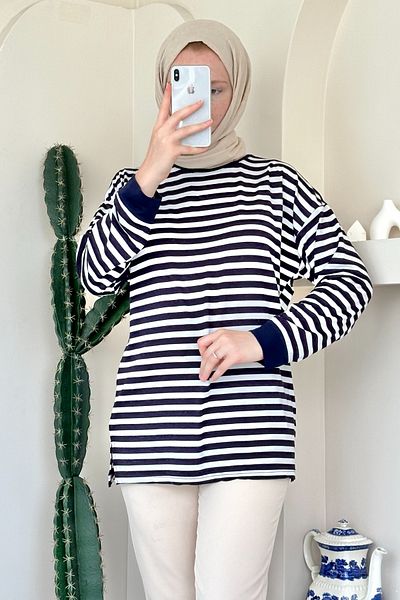 ModaAycan Ma152 Model Striped Navy Blue Tunic