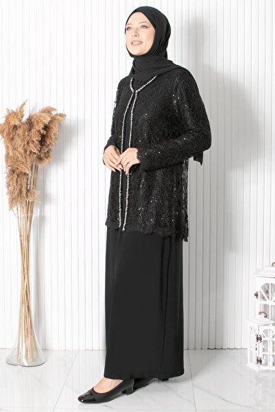 SUBU TASARIM Black Lace Evening Dress with Sequin Detail, Mda2311