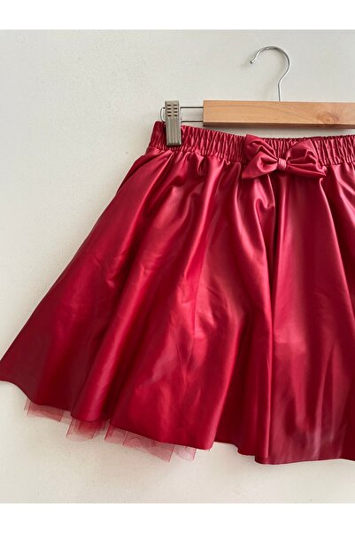 haki dükkan Deri Görünümlü Kız Çocuk Kırmızı Etek
