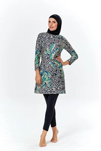Argento 0704-1197 Black Leopard Pattern Long Sleeve Hijab Swimsuit