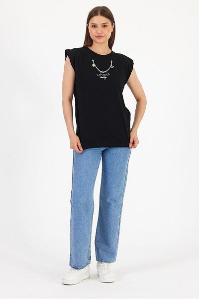 PEPPER MİNT LONDON Chain Detailed Shoulder Padded T-Shirt