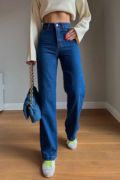 BİENAL BUTİK Pantaloni Jeans de damă Yulia Deep Blue Lycra cu talie super înaltă
