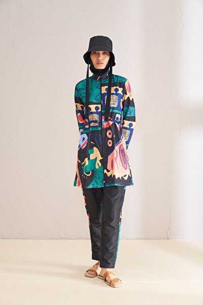 Mevra Μαύρο μαγιό με μαντίλα - με πώμα και σχέδιο παιχνιδιού