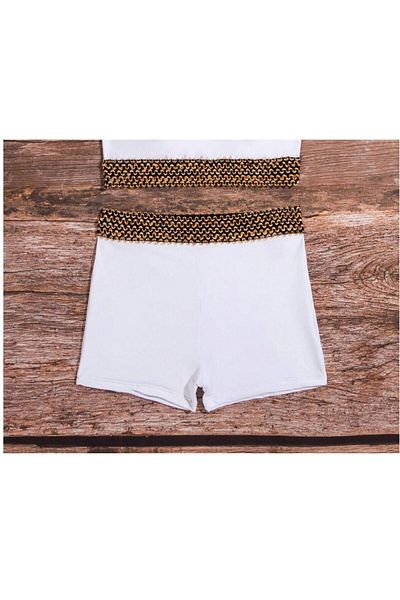 sayina Mini pantaloni scurți sport cu panglică brodată albă - talie înaltă, strângere elastică, jambiere pentru piscină