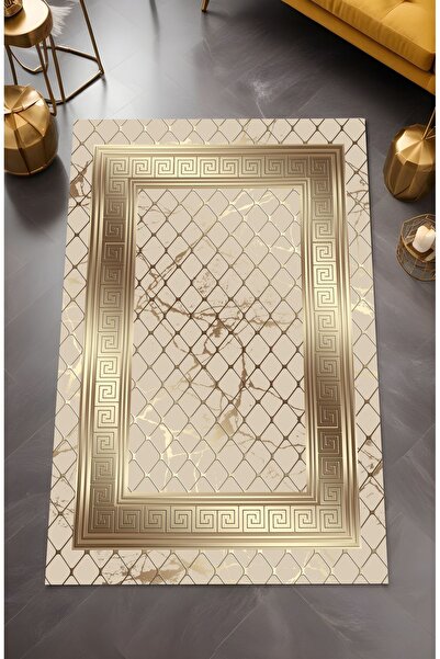 Noble Halı Dijital Baskı File Desen Gold Çerçeveli Dekoratif Makinada Yıkanab...