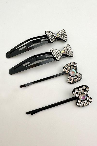 Modex Black Bow Figured Stones Quadruple Hair Clip (6cm)