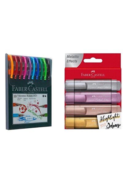 Faber Castell 4'lü Metalik Fosforlu Kalem + 1425 10'lu Tükenmez Kalem