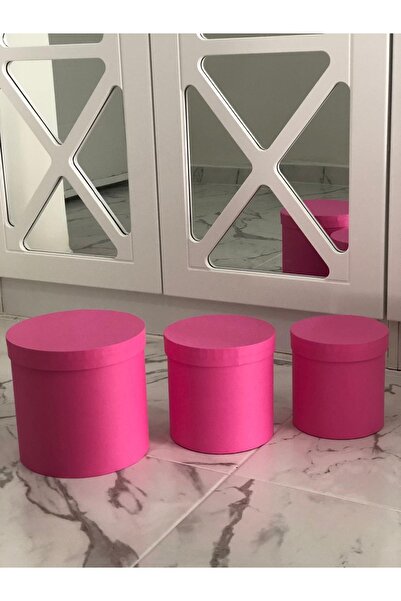 PAZARAKOŞ hediye kutusu fuşya  silindir kutu yuvarlak çiçekçi kutusu 3 lü set...