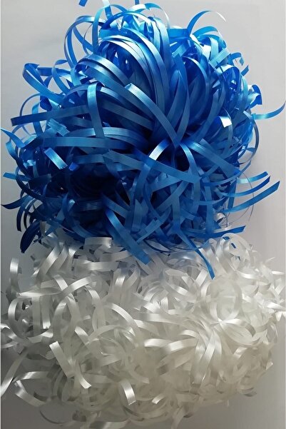 CAN El Yapımı Beyaz Gösterişli Dolgun Beyaz-mavi Ponpon Seti (5 Adet Set)