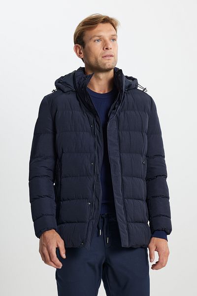 AC&Co / Altınyıldız Classics Ανδρικό παλτό Dark Navy Blue - Standard Fit, Πλαϊνές τσέπες, Γιακάς με κουκούλα