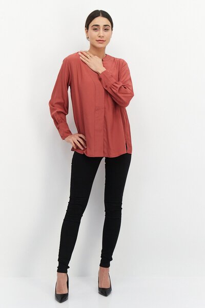 Esprit Women Split Neck Long Sleeves Solid Blouse, Brown