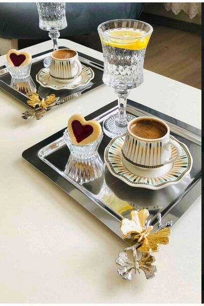Elzem Paslanmaz Çelik Kare 2 Li Sunum Tepsisi Kelebek Aksesuarlı