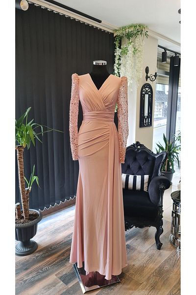 makbuleofficial Powder Color Double Breasted Collar Side Slit Engagement After Party Dress
