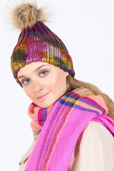 POSUSS Shiny Printed Rainbow Colored Pompom Women's Beret Brown - Ps1164