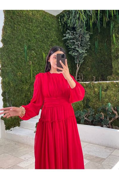 Kir Layered Detailed Round Collar Chiffon Dress