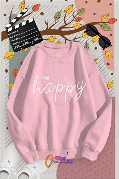 oneagılyazı BE HAPPY Imprimat guler rotund Swea tricou