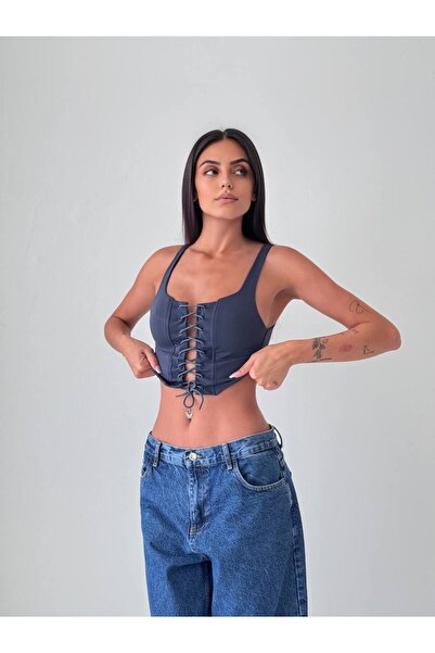 TAYT VEGAS İP DETAYLI ASKILI CROP ANTRESİT