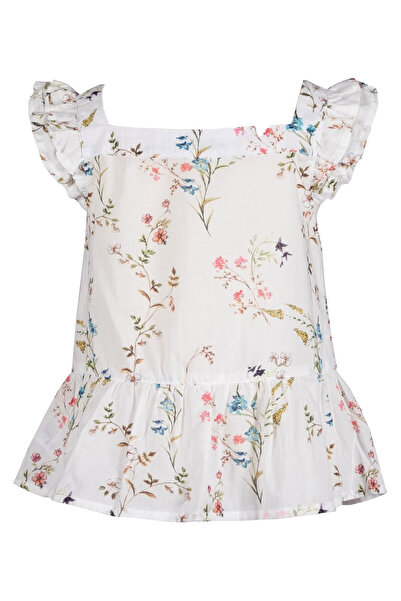 Ozmoz Ecru Colored Organic Flower Patterned Girl's Blouse - Flounced