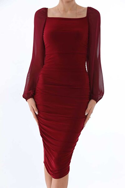 OlaLady PRINCESS SLEEVE ROMANTIC Claret Red Pencil Dress