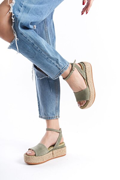 INNTRO Riva Yeşil Süet Kadın Hakiki Deri Hasır Dolgu Taban Sandalet