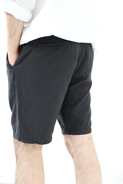 BLUE STREET Erkek Siyah Musli Bağcıklı Keten Şort