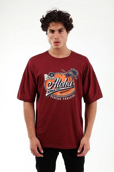 Mad&Calf Μπλουζάκι Unisex Oversize Aloha με στάμπα Claret Red