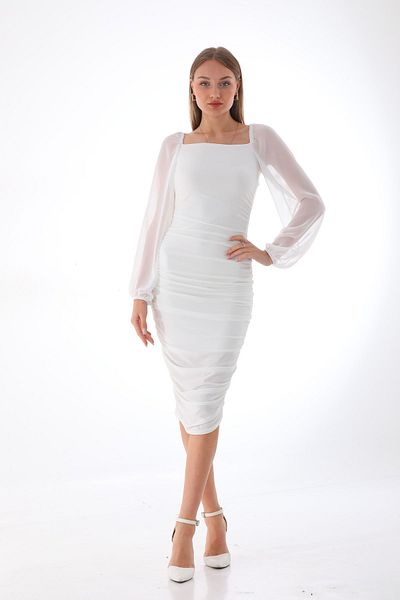 OlaLady Princess Sleeves Romantic White Pencil Dress Lined