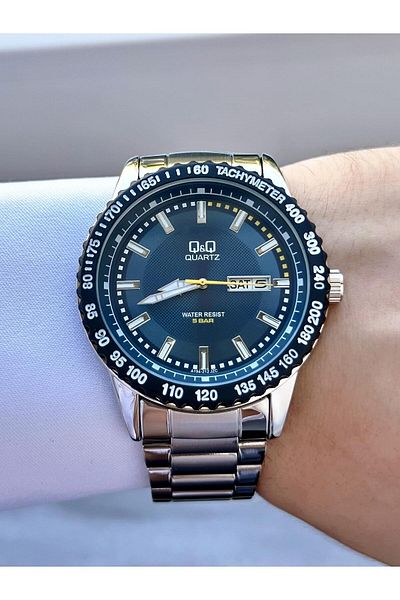 Q&Q Men's Gray Tachometer Bezel Blue Dial Analog Watch with Date and Day Display
