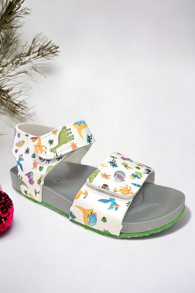 Ponchiq White Dinosaur Theme Patterned Velcro Boys' Sandals