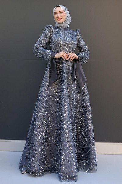 GİZ AGİYİM Gray Hijab Evening Dress - Selver