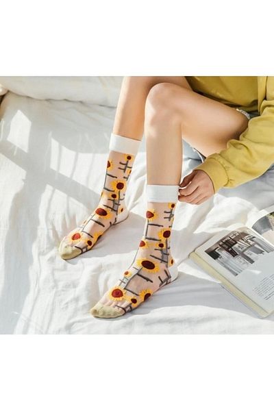 ZvM Japanese Korean Style Transparent Transparent Women's Socks Sunflower