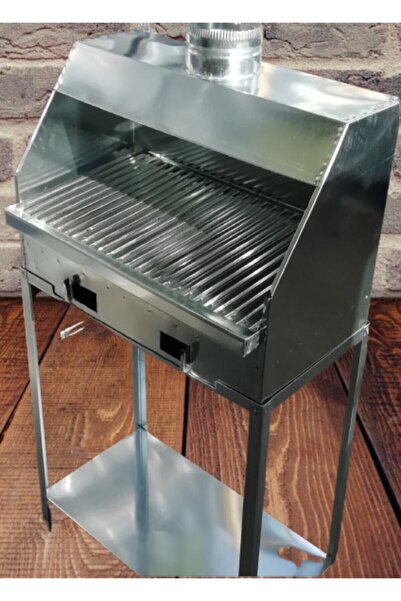 ÖZSAL Sehbalı Davlumbazli Krom Çelik Oluklu Izgaralı Kömürlü Mangal 60x32 Cm Buyuk Boy Krom Celik Izgarali