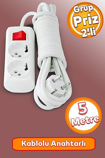 Badem10 2'li Grup Priz - (5 METRE) Topraklı Anahtarlı Düğmeli Çoklu Kablolu F...