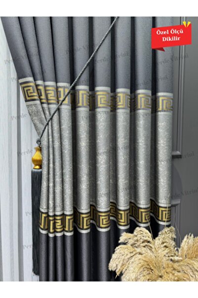 Emes Perde , Lüks Gold Şeritli  Desen Siyah - Açık Gri Pano Fon, Perde