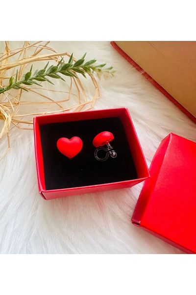 1PARÇAMAVİ Red Heart Patterned Children's Earrings - Translucent and Non-perforated Ear
