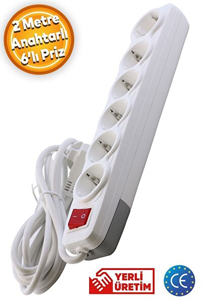 Badem10 Grup Priz 6'lı - (2 METRE) Altı Gözlü Anahtarlı Topraklı Seyyar Ara K...