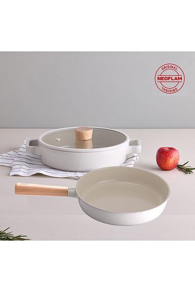 NEOFLAM Fika Cast Aluminum 26 cm Shallow Pot & Pan Set with Glass Lid Beige
