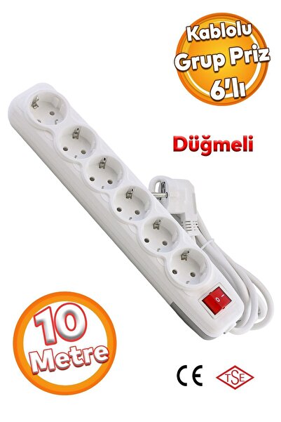 Badem10 6'lı Grup Priz - (10 METRE) Topraklı Fiş Çoğaltıcı Çoklu Uzatma Kablo...