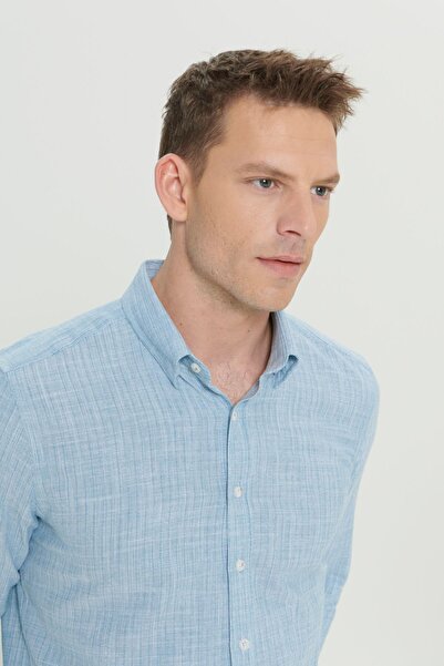 AC&Co / Altınyıldız Classics Ανδρικό πράσινο 100% βαμβακερό πουκάμισο με λεπτή εφαρμογή με κρυφό γιακά με κουμπιά