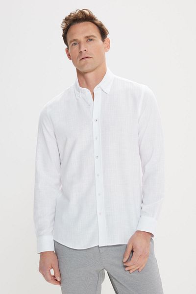 AC&Co / Altınyıldız Classics Ανδρικό λευκό 100% βαμβακερό πουκάμισο με λεπτή εφαρμογή με κρυφό γιακά με κουμπιά και λινό πουκάμισο