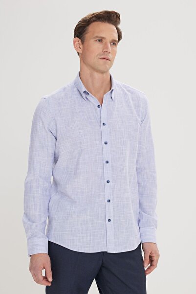 AC&Co / Altınyıldız Classics Erkek Mavi %100 Pamuk Slim Fit Dar Kesim Gizli Düğmeli Yaka Keten Görünümlü Flamlı Gömlek