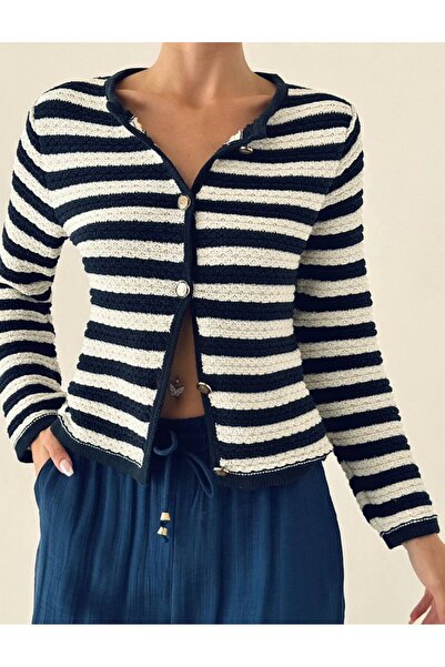 My Blog Marineblau-Ecru gestrickter, seitlich gestreifter, goldgeknöpfter Car...