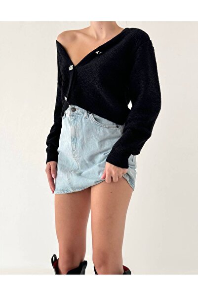 My Blog Měkký cardigan s knoflíky v černém stříbrném provedení-4425