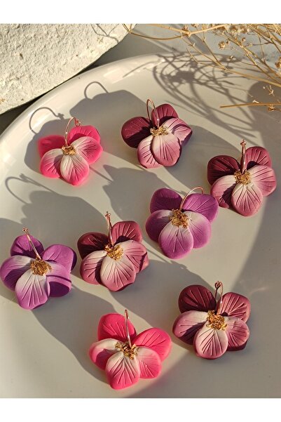 Gizy Store Özel Tasarım El Yapımı Menekşe Polimer Kil Çiçek Küpe